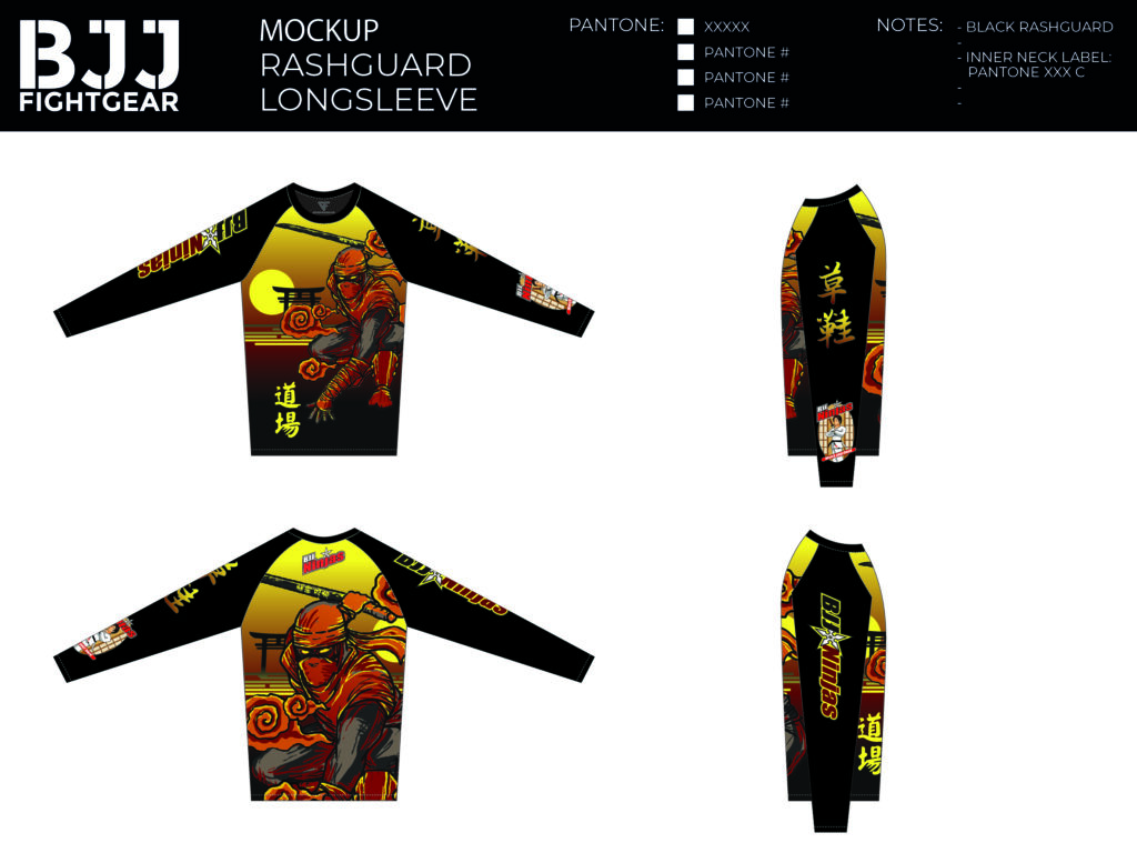 E-mail to info@bjjninjas.nl with subject pre-order BJJNinjas rashguard Waraji (草鞋). Wit your full name, adress, they amount, and rashguard size.